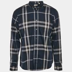 Burberry Navy Blue Plaid Cotton Button Down Shirt L
