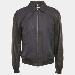 Burberry Navy Blue Cotton & Black Leather Zip Front Jacket M