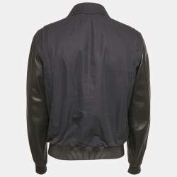 Burberry Navy Blue Cotton & Black Leather Zip Front Jacket M