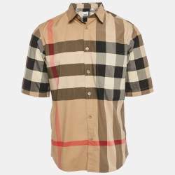 Pre Owned Burberry Beige Checks Print Cotton Short Sleeve Shirt M