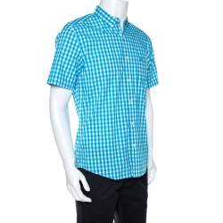 Pre Owned Burberry Brit Bicolor Gingham Check Cotton Short Sleeve Shirt XL