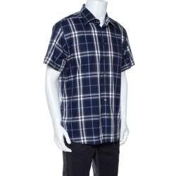Pre Owned Burberry Navy Blue Plaid Cotton Slim Fit Short Sleeve Shirt XXL