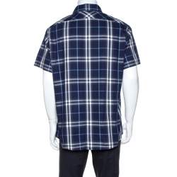 Pre Owned Burberry Navy Blue Plaid Cotton Slim Fit Short Sleeve Shirt XXL