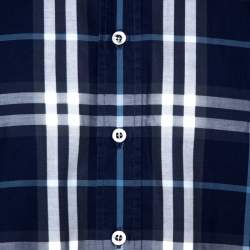 Pre Owned Burberry Navy Blue Plaid Cotton Slim Fit Short Sleeve Shirt XXL