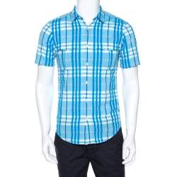 Burberry Brit Blue Textured Check Cotton Short Sleeve Safari Shirt S