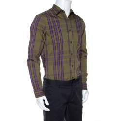 Pre Owned Burberry Brit Olive Green Checked Cotton Long Sleeve Shirt M