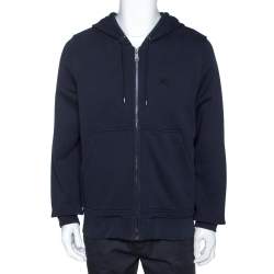 Burberry Midnight Blue Cotton Zip Front Hooded Sweatshirt L