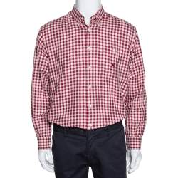 Pre Owned قميص بربري أكمام طويلة قطن كاروهات هرينغبون كريمي وأحمر XL
