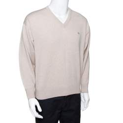 Pre Owned Burberry Vintage Beige Merino Wool V Neck Sweater XL