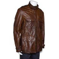 Pre Owned Burberry Brown Leather Button Front Jacket L