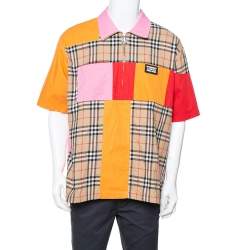 Burberry Color Block Vintage Check Cotton Zip Front Shirt XL