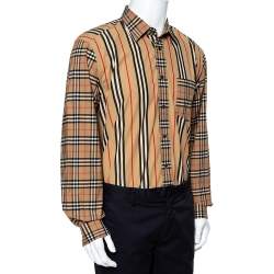 Pre Owned Burberry Beige Patchwork Stretch Cotton Classic Fit Shirt XL