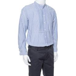 Pre Owned قميص بربري أسوار مزدوج بنفلت طية أمامية قطن مخطط أزرق L