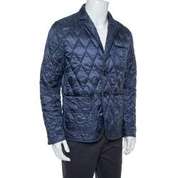 Pre Owned Burberry Brit Navy Blue Leather Trim Detail Quilted Jacket M
