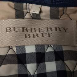 Pre Owned Burberry Brit Navy Blue Leather Trim Detail Quilted Jacket M
