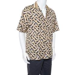 Pre Owned Burberry Brown TB Logo Monogram Cotton & Knit Collar Detail Bowling Shirt L