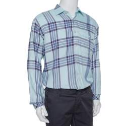 مملوكة مسبقًا قميص بربري قطن أزرق كاروهات بأزرار أمامية مقاس متوسط - ميديوم