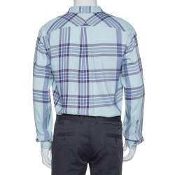 مملوكة مسبقًا قميص بربري قطن أزرق كاروهات بأزرار أمامية مقاس متوسط - ميديوم