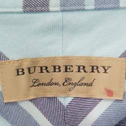 مملوكة مسبقًا قميص بربري قطن أزرق كاروهات بأزرار أمامية مقاس متوسط - ميديوم