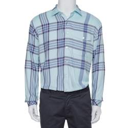 مملوكة مسبقًا قميص بربري قطن أزرق كاروهات بأزرار أمامية مقاس متوسط - ميديوم