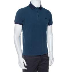 Pre Owned تي شيرت بولو بربري اتكينس ياقة متباينة بيكيه قط�ن أزرق مخضر داكن مقاس كبير (لارج)