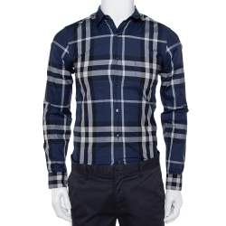 Pre Owned Burberry Brit Navy Blue Checkered Cotton Button Front Shirt XS