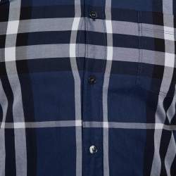 Pre Owned Burberry Brit Navy Blue Checkered Cotton Button Front Shirt XS