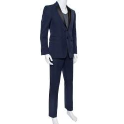 Pre Owned Burberry Navy Blue Wool Contrast Satin Trim Detail Millbank Tuxedo Suit M