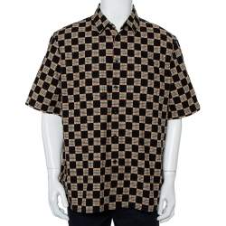 Pre Owned قميص بربري أكمام قصيرة قطن كاروهات بيج وأسود مقاس كبير جدا