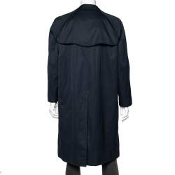 Burberry Vintage Navy Blue Cotton And Check Wool Lined Button Front Long Coat XL