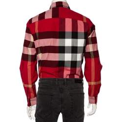 Pre Owned قميص بربري قطن كاروهات أحمر بأزرار أمامية مرنة مقاس متو سط - ميديوم