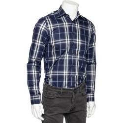 مملوكة مسبقًا قميص بربري قطن كاروهات أزرق كحلي أزرار أمامية مقاس صغير (سمول)