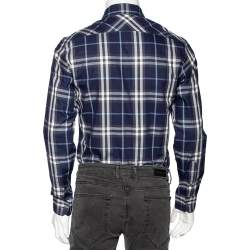 مملوكة مسبقًا قميص بربري قطن كاروهات أزرق كحلي أزرار أمامية مقاس صغير (سمول)