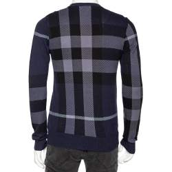 Pre Owned Burberry Navy Blue Checkered Cotton Knit Crewneck Sweater M