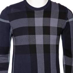 Pre Owned Burberry Navy Blue Checkered Cotton Knit Crewneck Sweater M