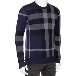 Pre Owned Burberry Navy Blue Checkered Cotton Knit Crewneck Sweater M
