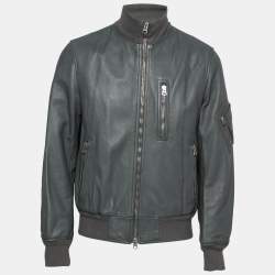 Pre Owned Burberry Grey Leather Zip Front Long Sleeve Jacket XL