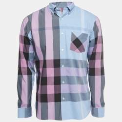 Burberry Blue/Purple Checkered Stretch Cotton Blend Full Sleeve Shirt L