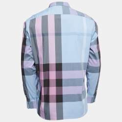 Burberry Blue/Purple Checkered Stretch Cotton Blend Full Sleeve Shirt L
