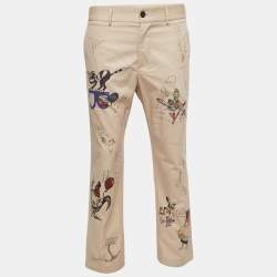 Burberry Beige Cotton Sketch Print Trousers M