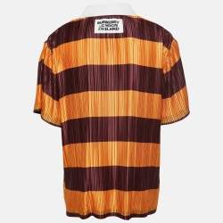 Pre Owned Burberry Brown/Orange Striped Plisse Pleated Polo T-Shirt M