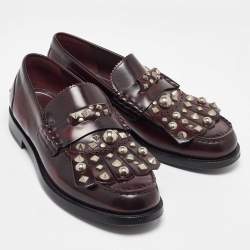 Burberry Brown Leather Studded Kiltie Fringe Loafers Size 43