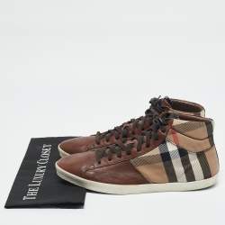 Burberry Beige/Brown House Check Canvas and Leather High Top Sneakers Size 45