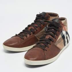 Burberry Beige/Brown House Check Canvas and Leather High Top Sneakers Size 45