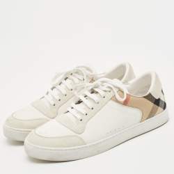 Burberry White/Beige Leather and Canvas Reeth Low Top Sneakers Size 46