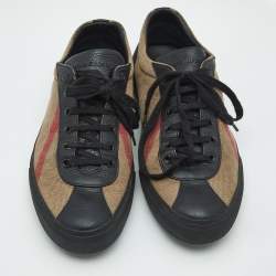 Burberry Black House Check Leather and Canvas Reeth Low Top Sneakers Size 43
