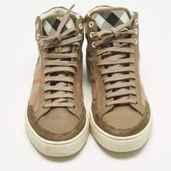 مملوكة مسبقًا Burberry Beige/Brown House Check Canvas and Leather High Top Sneakers Size 41