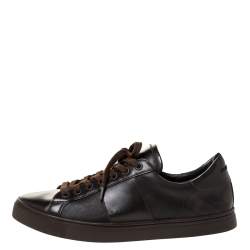 Pre Owned Burberry Dark Brown Leather and London Check Canvas Ritson Low Top Sneakers Size 41