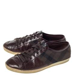 Burberry Brown Leather And House Check Canvas Lace Up Low Top Sneakers Size 40