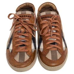 Burberry Beige/Brown Check Canvas And Leather Lace Up Sneakers Size 39